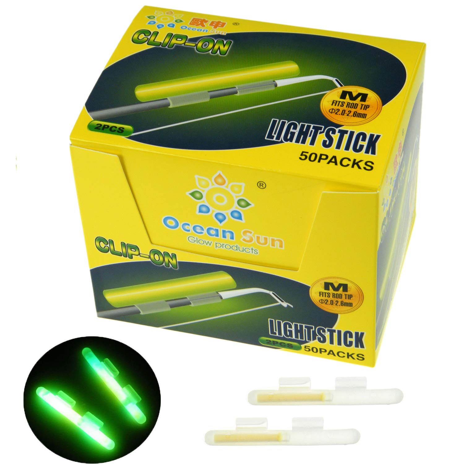 QualyQualy Clip On Fishing Glow Sticks, 100Pcs, M Size, 8hr Glow, 177m Visibility, Night Fishing Rod Light