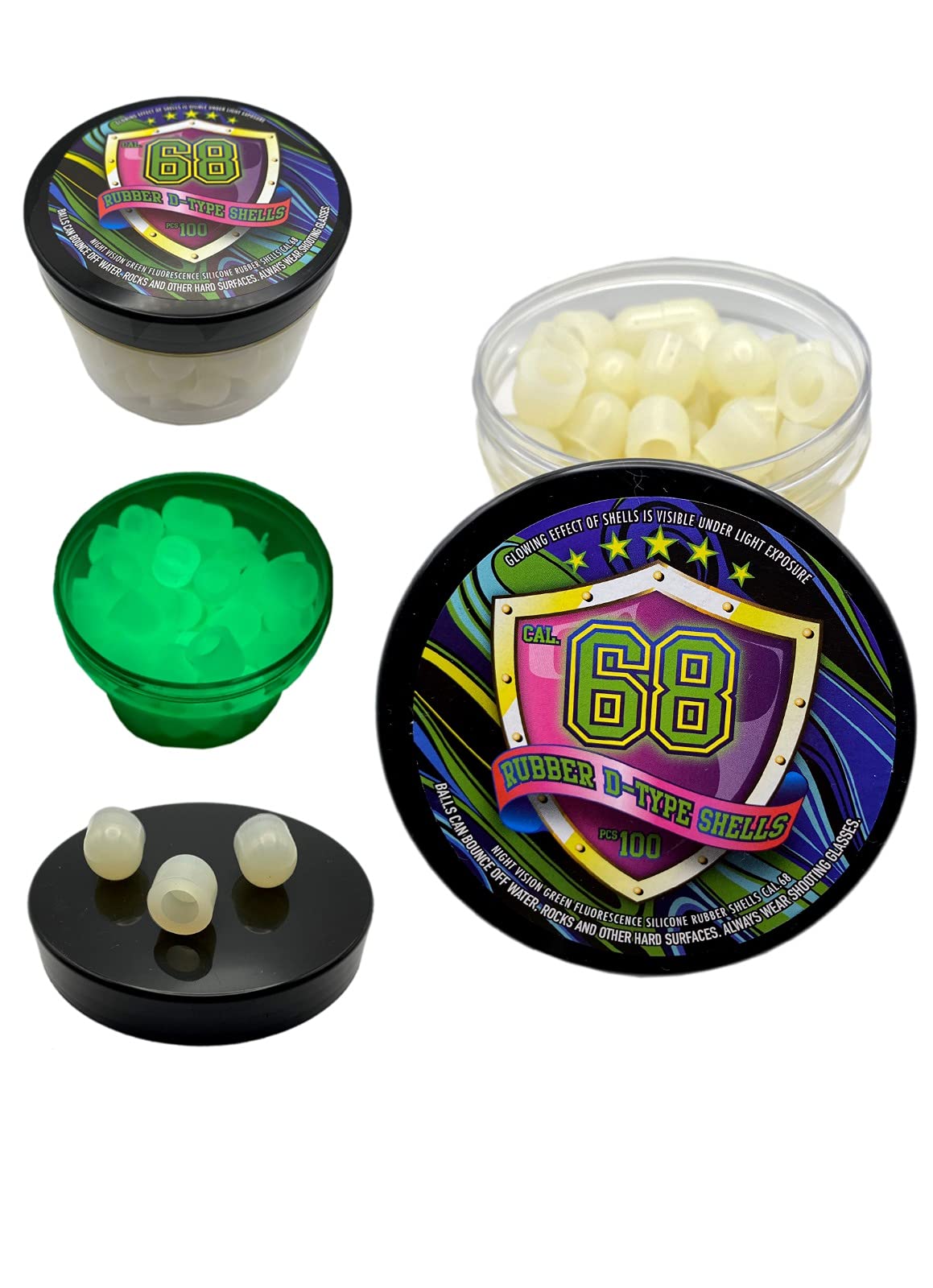 Rubber Balls 100 pcs. D-Shaped Night Vision Rubber Shells Glowing in The Dark Projectiles Ammo for Target Practice, Shooting, Training and Defense Pistols in 68 Cal.