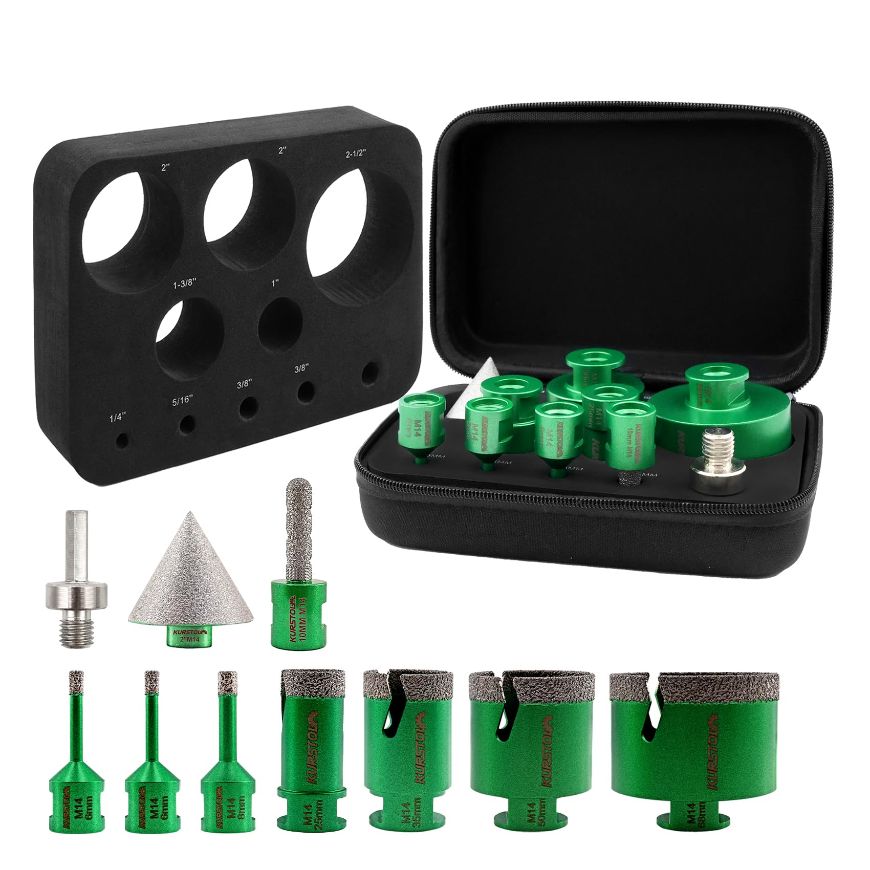 KURSTOL Diamond Core Drill Bits Kit - 7pcs 6/6/8/25/35/50/68MM+1pc 50MM Beveling Chamfer Bit+1pc 10MM Finger Milling Bit+Triangle Adapter to M14 thread for Porcelain Ceramic Tile Granite Marble
