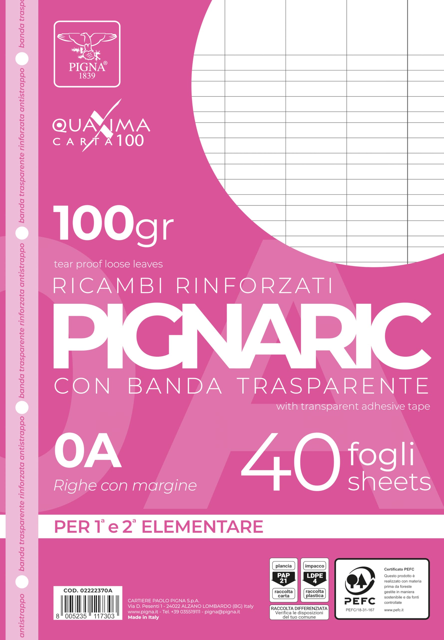 Pigna 02222370A, Replacement with Reinforced Band, Rigatura 0A, Rows for 1st and 2nd Grade, Paper 100 g/m², Pack of 40 Sheets