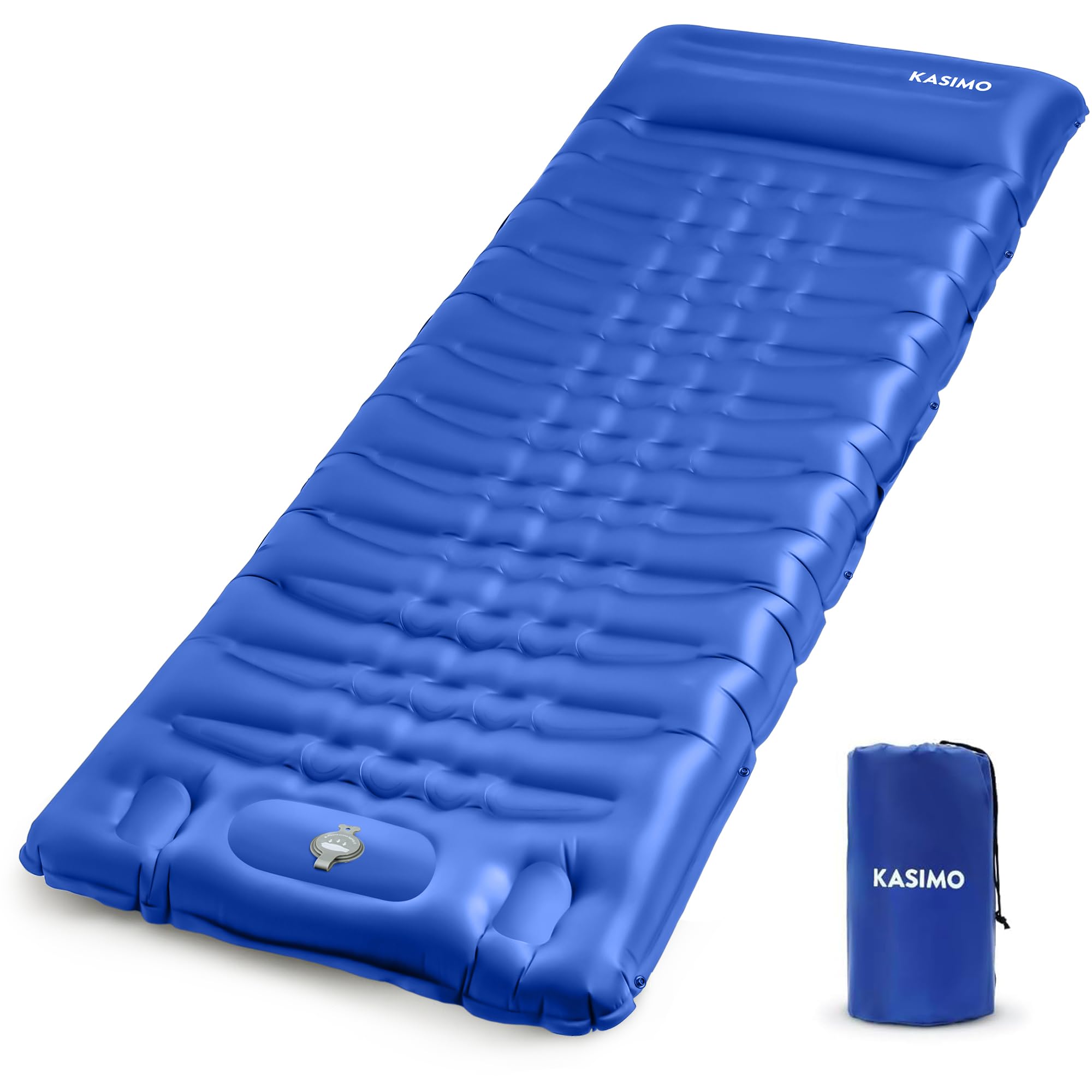 KASIMO Isomatte 12CM Luftmatratze Camping mit integrierten kopfkissen, Aufblasbare Matratze mit Fußpumpe Ultraleichte & Kompakte Isomatte - perfekt für unterwegs Wandern Zelt Blau