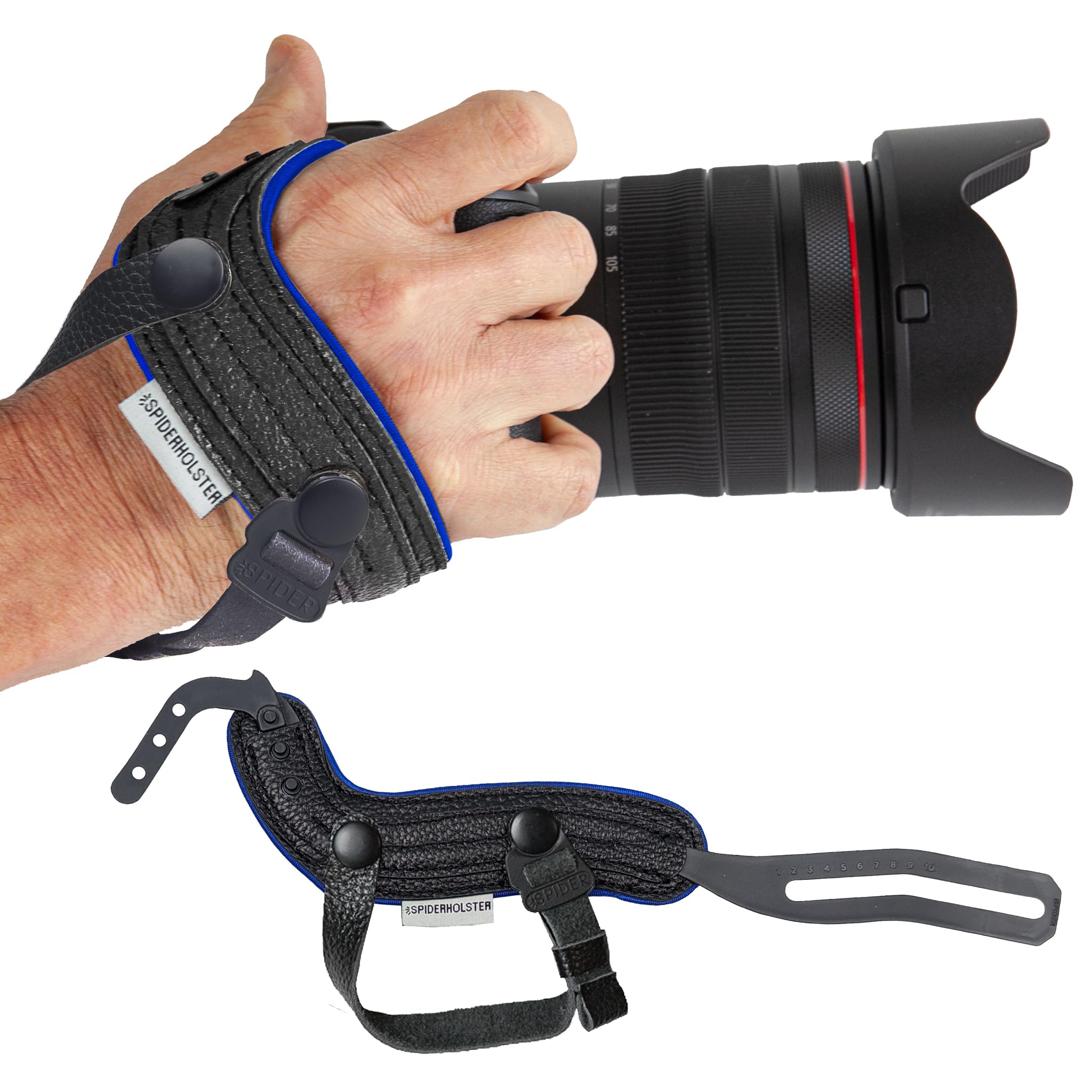 SPIDER HOLSTER - SpiderPro Camera Hand Strap v2 with Snap Assembly and Optional Wrist Strap – DSLR and Mirrorless Compatible (Black Leather + Blue Trim)