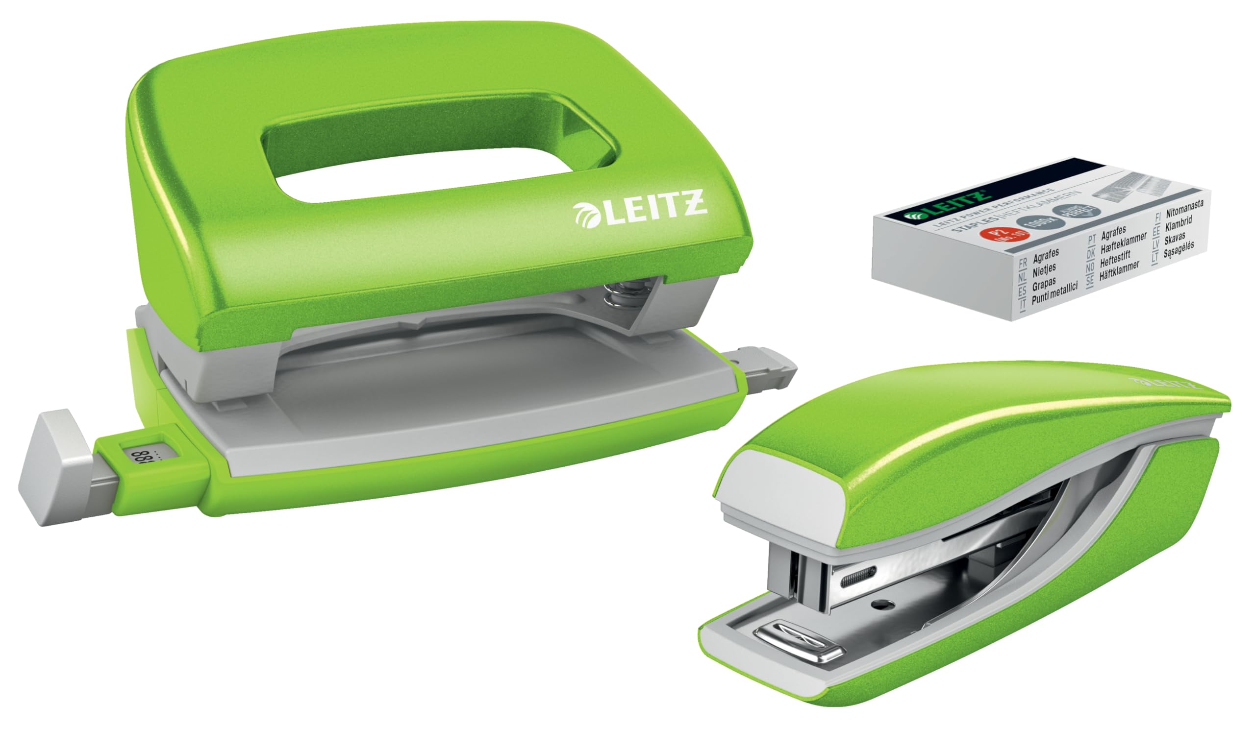 Leitz 55612054 Mini Stapler and Hole Punch Set, Staple or Punch Up to 10 Sheets, Includes P2 No. 10 Staples, WOW Range, Green — image 1