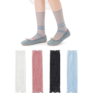 WJIAMPLS Women's Y2K Mesh Leg Warmers Balletcore Polka Dot Sheer Stirrup Footless Slouch Socks Calf Sleeves 4 Pairs
