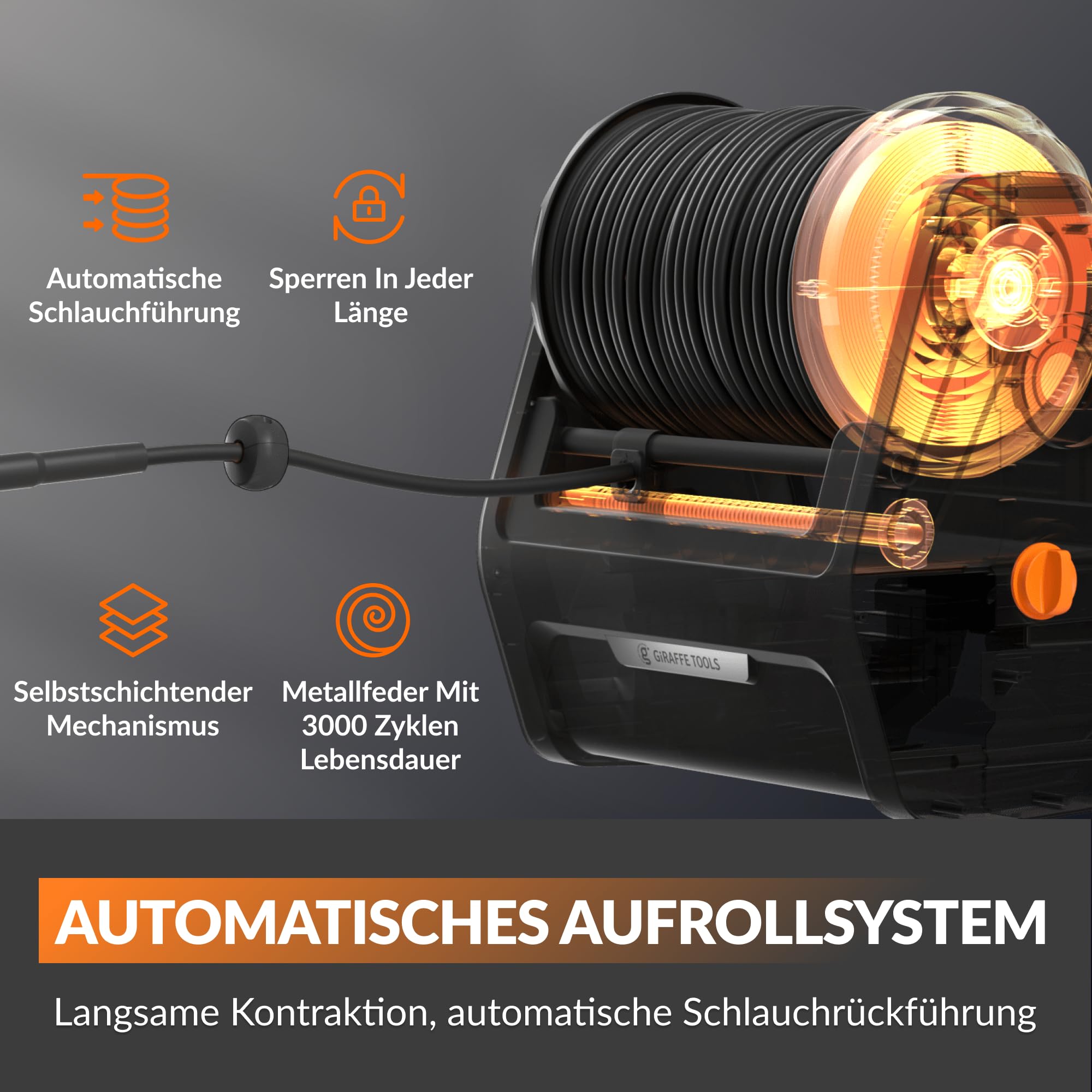 Giraffe Tools Wandmontierter Hochdruckreiniger, 1800 Watt, Max 2400 PSI, 2.0 GPM Elektrischer Wasserdruckreiniger, mit 30M Einziehbarem Schlauch, für Autos/Zäune/Garten, Schwarzer Harter Schlauch 3