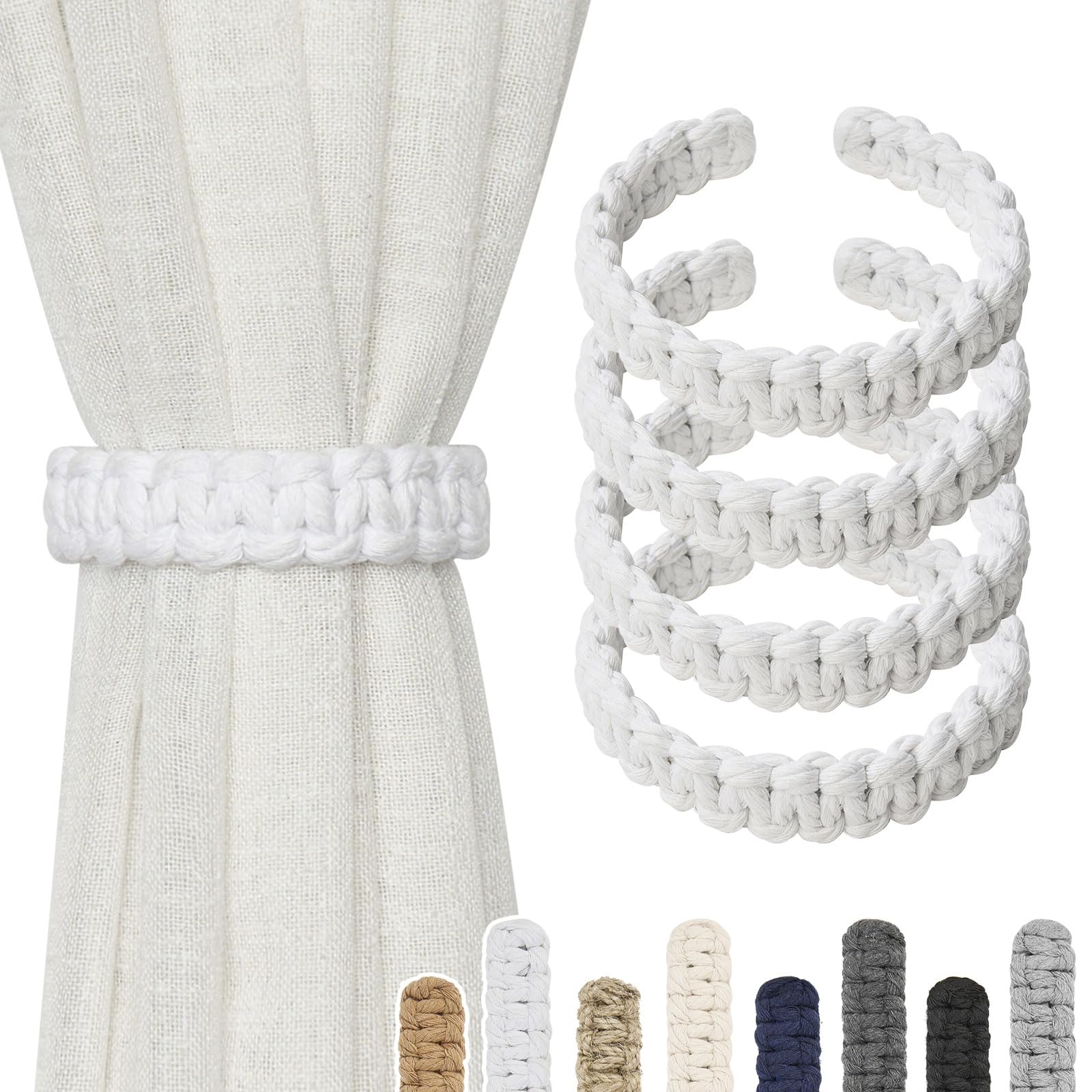Pretty Jolly 4 Pack Natural Cotton Rope Curtain Tiebacks Farmhouse Rustic Style Decorative Drape Tie Backs Handmade Braided Curtain Holdbacks for Home Sheer/Light Weight Drapery (C-White-S)