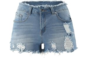 THUNDER STAR Ripped Jean Shorts for Women Mid Rise Frayed Raw Hem Stretchy Denim Shorts
