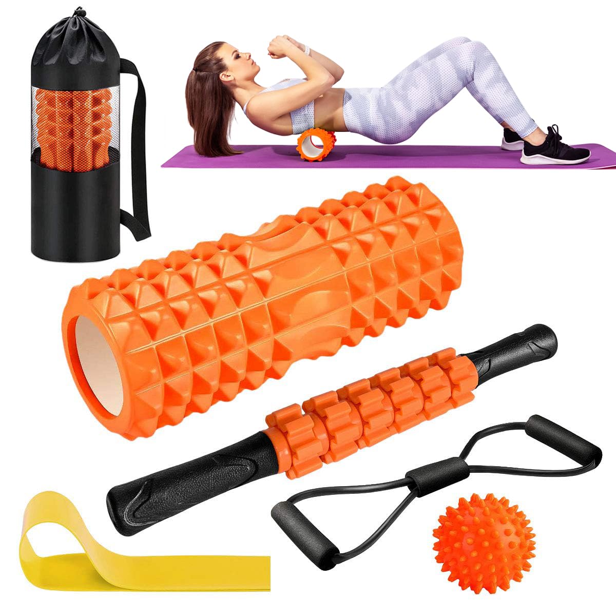 Qveetry Foam Roller Set 6-in-1 Deep Tissue Muscle Massage, Trigger Point Grid Sports Massager with Massage Roller, Resistance Bands, Massage Ball and Workout Poster, Fitness Gym Physio (Orange)
