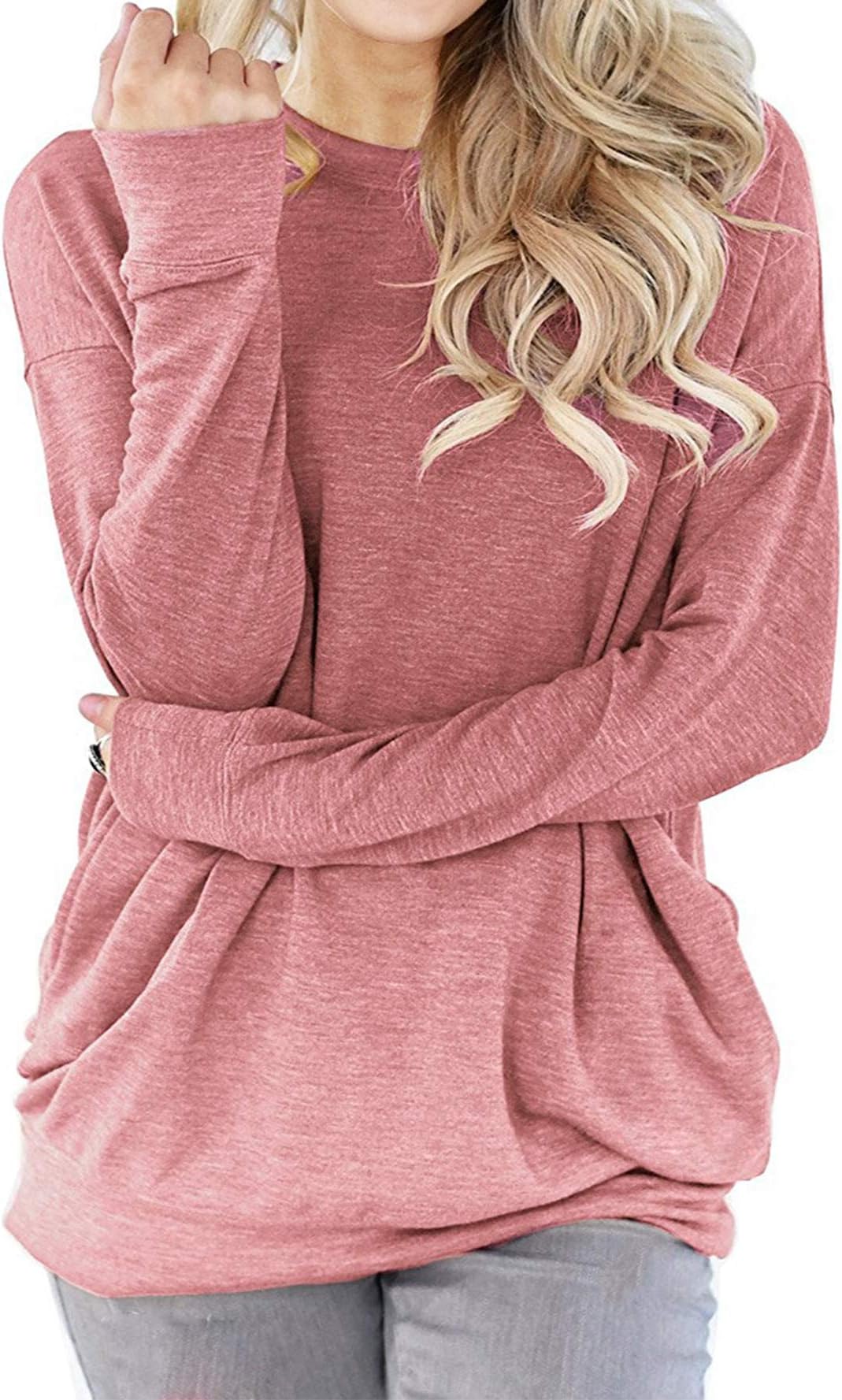 Women Round Neck Long Sleeve Shirt Loose Baggy Pocket Pullover Tunic Top