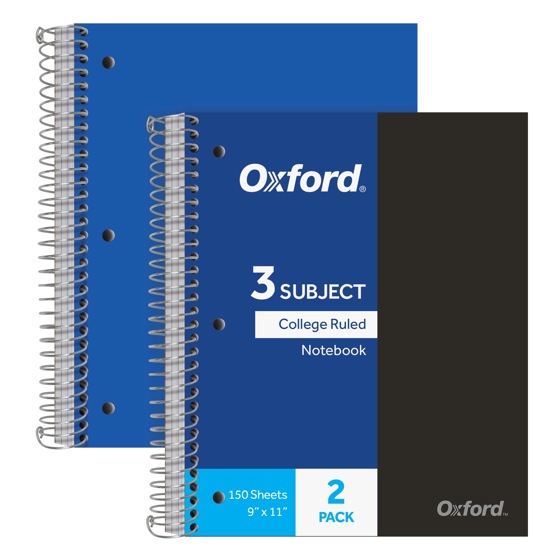 Oxford Spiral Notebooks, 3-Subject, College Ruled Paper, Durable Plastic Cover, 150 Sheets, 3 Divider Pockets, 2 Pack (10386), multi-colored