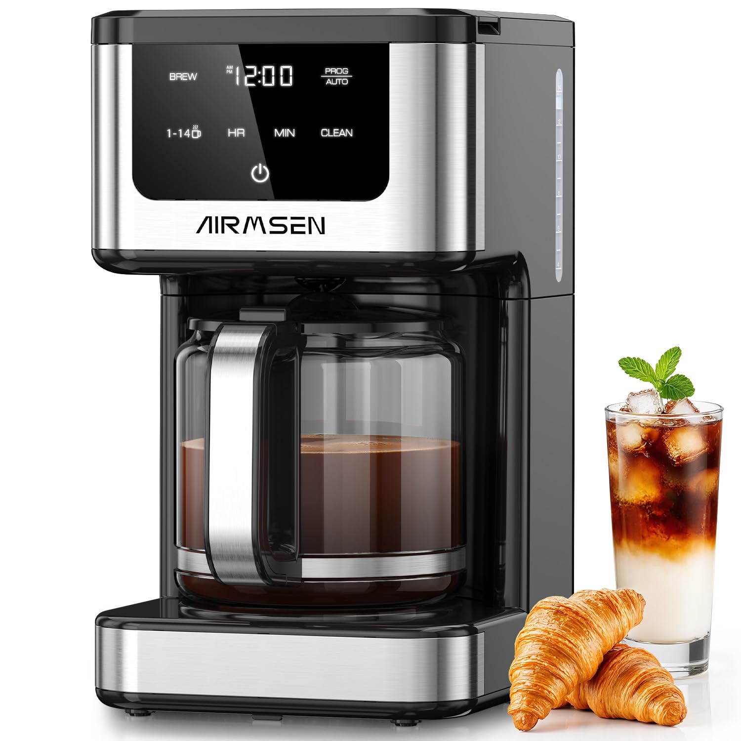AIRMSEN Cafetera de goteo programable de 14 tazas – Cafetera de preparación rápida de 1000 W con temporizador, inicio diferido y mantenimiento del calor en 2 horas, tanque de 73 oz, pantalla táctil y jarra de vidrio – Perfecta para uso en el hogar y la oficina