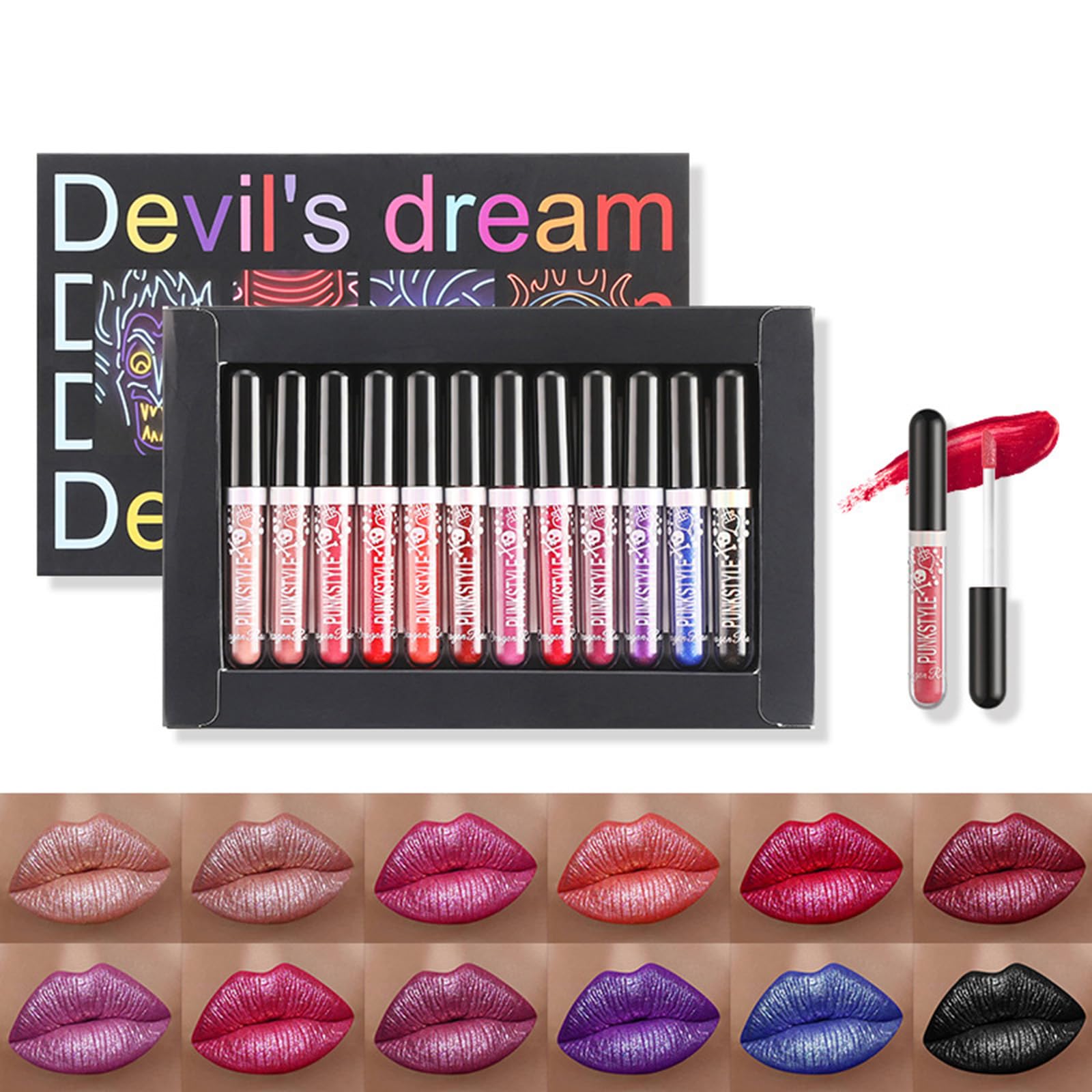 Holzsammlung 12 Colors Lipstick Set Metallic Sparkly Lipgloss,Diamond Shining Liquid Lipstick for Party, Masquerade, Cosplay, Christmas,Halloween