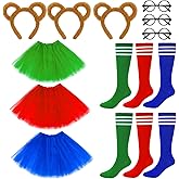 Britdiy 12 Pcs Chipmunk Costume Set,Include 3 Chipmunk Ears Headband 3 Tutu Dress Shirt 3 Black Round Frame Glasses 3 Knee-High Socks for Party Animal Costume Accessories