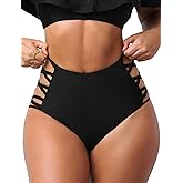 CHANGEZOE High Waisted Bikini Bottoms for Women Tummy Control Retro Black Full Coverage Strappy Bathing Suit Bottoms