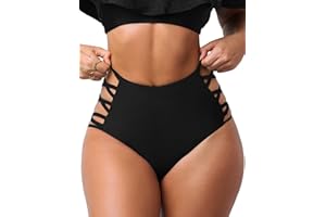 CHANGEZOE High Waisted Bikini Bottoms for Women Tummy Control Retro Black Full Coverage Strappy Bathing Suit Bottoms