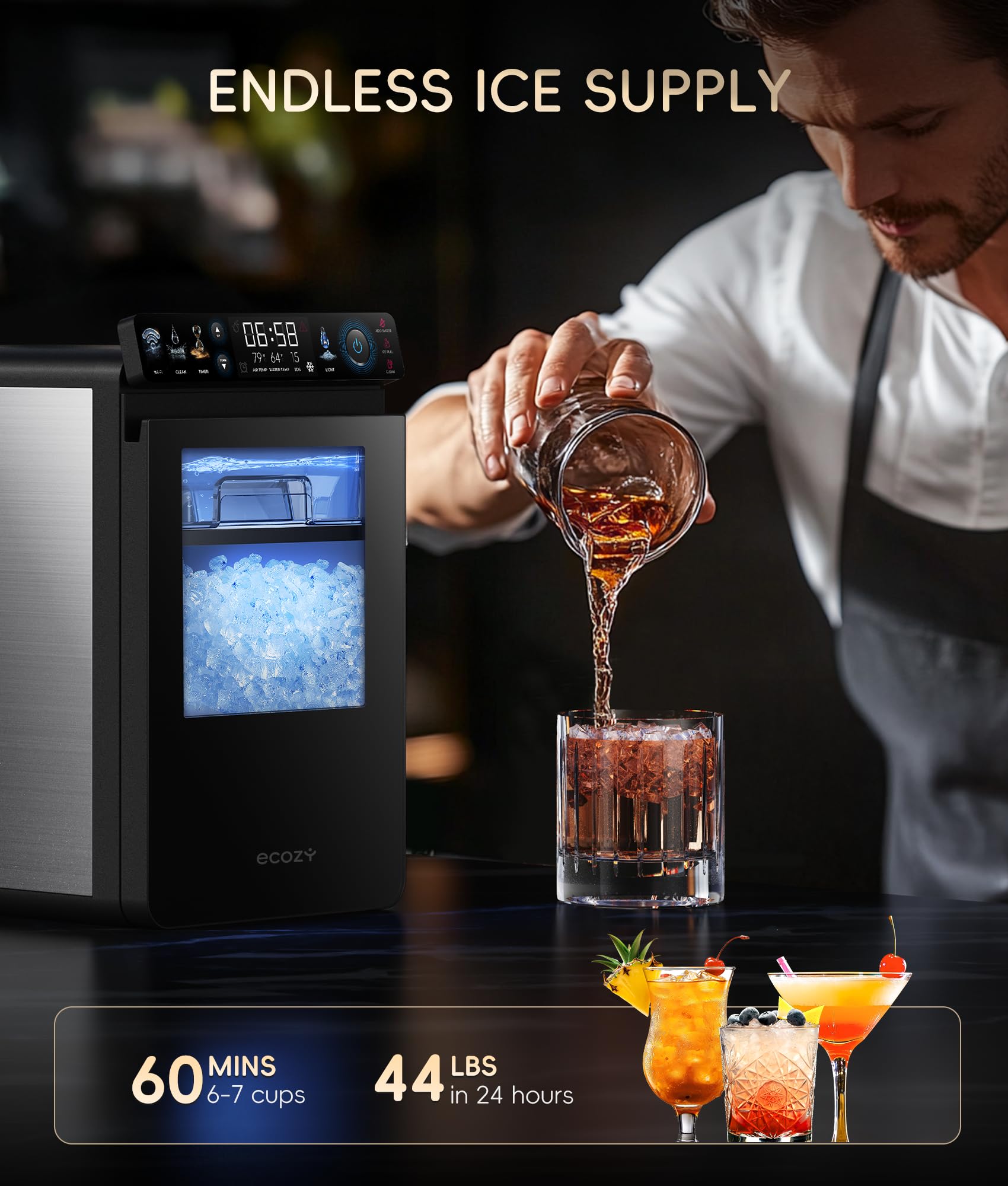 ecozy Nugget Ice Maker Countertop, Smart Pebble Ice Machine with APP Control, 44 lbs Per Day Soft Pellet Chewable Ice with Self-Cleaning, Stainless Steel