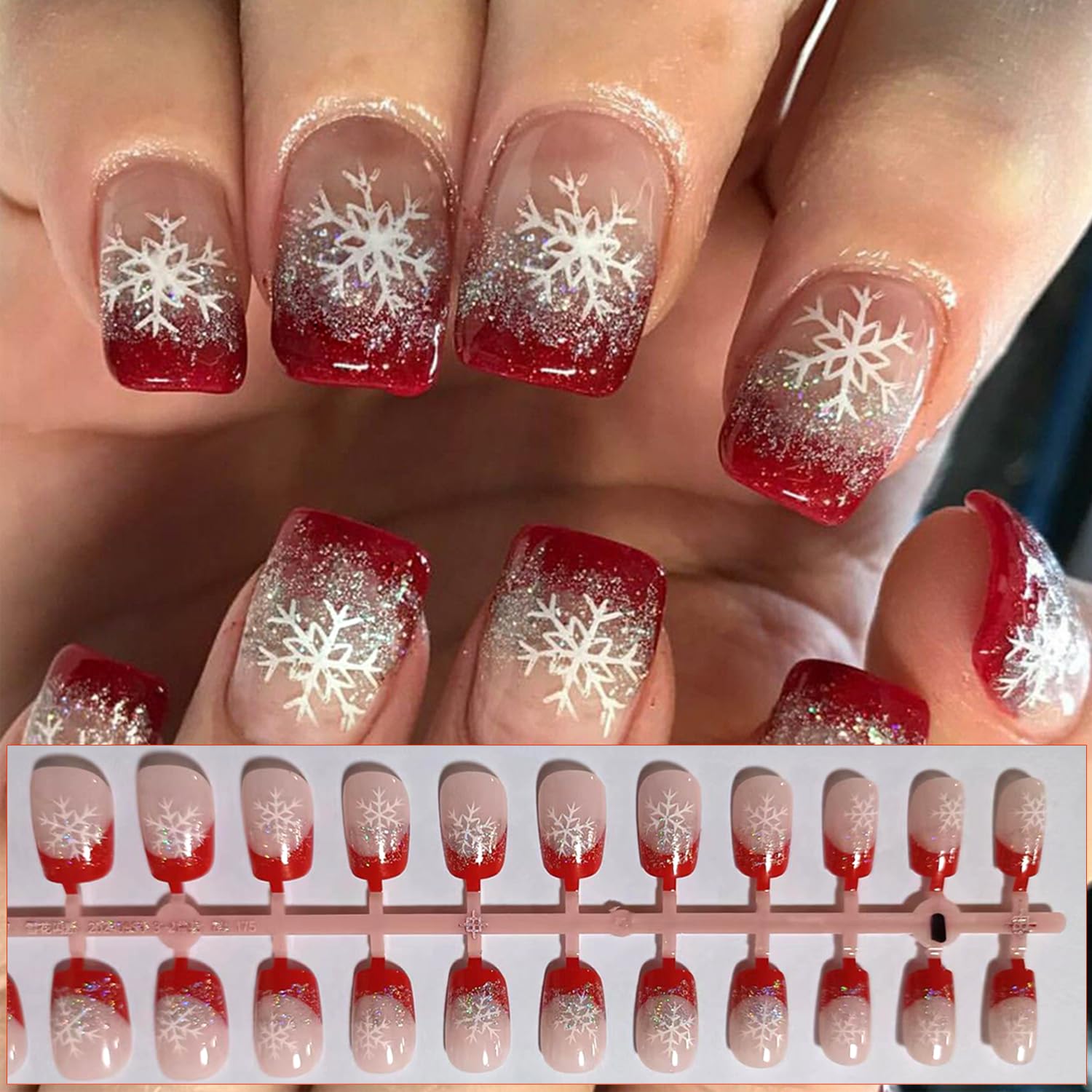 Christmas Press on Nails Short Square with French Glitter Design,Snowflake Fake Nails Red Glossy Sparkly Silver Xmas Nail White Snow Full Cover Glue on Nails False Nail Winter Stick on Nails for Women - Image 6
