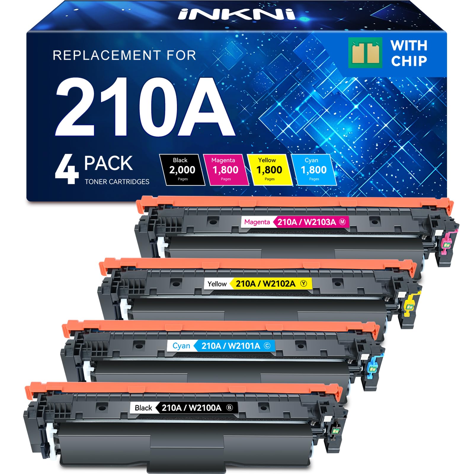 Photo 1 of 210A Toner Cartridges 4 Pack Compatible Replacement for HP 210A 210X 210 Toner for HP Color Laserjet Pro MFP 4301fdw 4301fdn Pro 4201dn 4201dw Printer Ink W2100A W2100X High Yield (B/C/M/Y, With Chip)