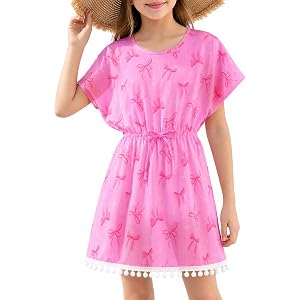 ArthomaHige Girls Swim Cover Up Kids Beach Dress Bathing Suit Chiffon Swimsuit Coverups Cute Swimwear with Pom Pom Trim