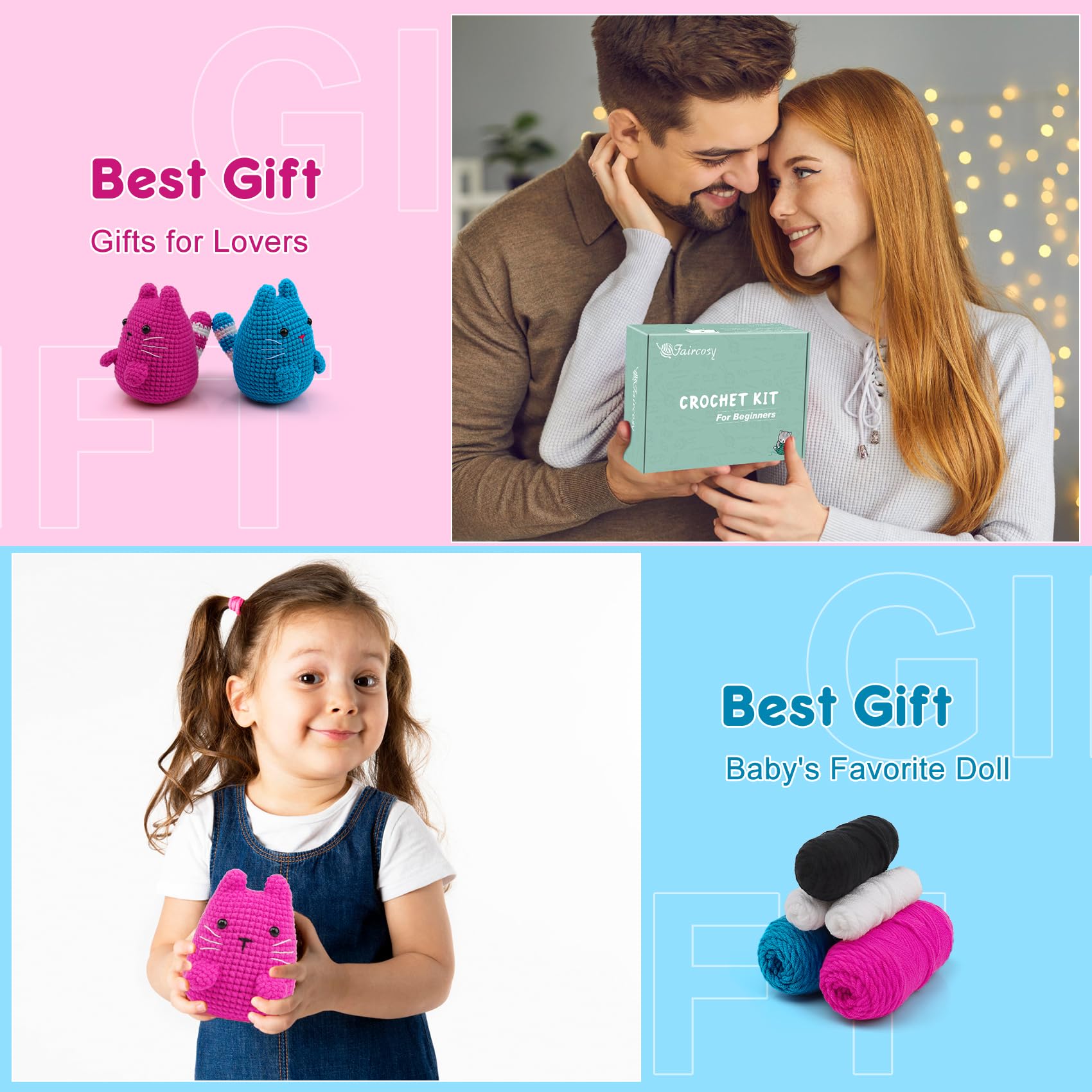 Faircosy Crochet Kit for Beginners Crocheting: Crochet Animal Kits for Kids & Adults - Learn to Knitting Cat Amigurumi Starter Kit with Detailed Tutorial Video and Instructions (40%+ Yarn Extra)