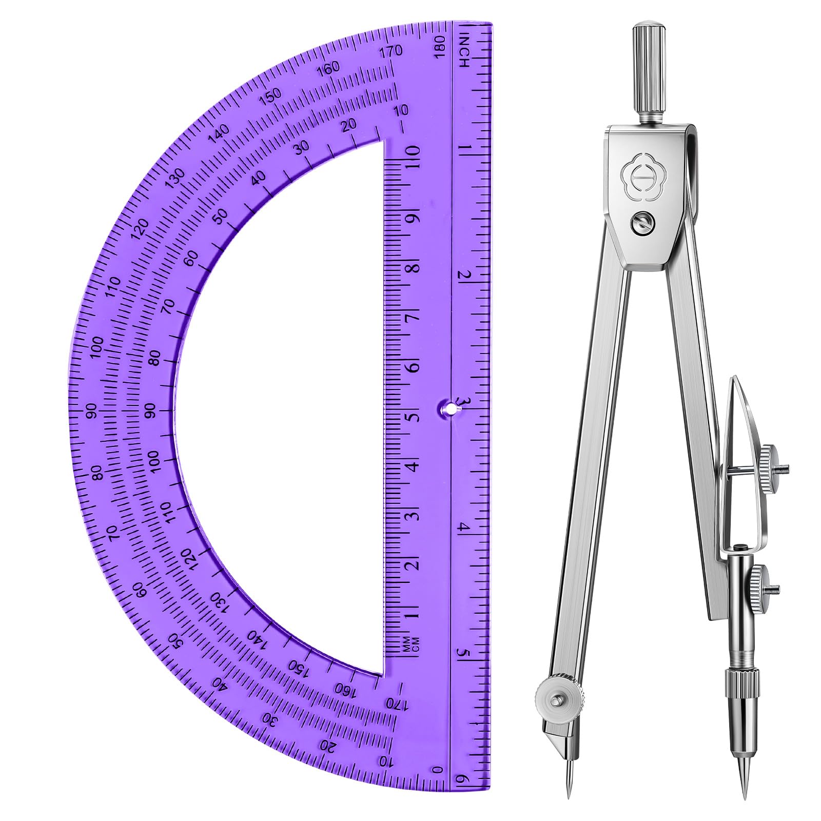 Photo 1 of EBOOT Student Geometry Math Set, Drawing Compass and 6 Inch Swing Arm Protractor 180 Degree Math Protractor (Purple)