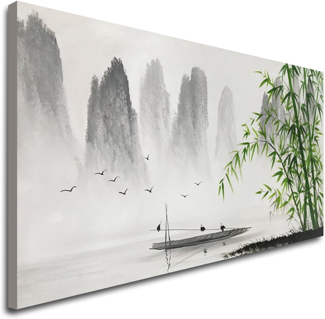 Paintings - Large Hand Painted Traditional Chinese Painting Black and White Modern Landscape Canvas Wall Art Handmade Bamboo Artwork