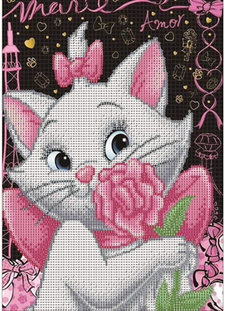 DIY 5D Diamond Painting by Number Kits,Crystal Rhinestone Embroidery Pictures Arts Craft for Home Wall Decor Gift (Pink cat)