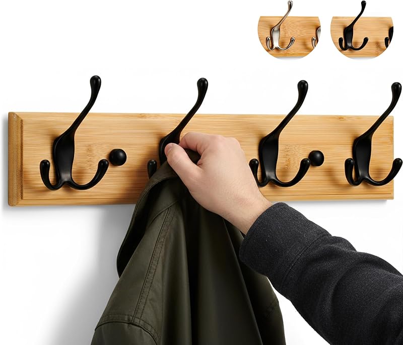 LARHN Wooden Coat Hooks Wall Mounted 4 Triple Black Bamboo 42 cm with Fixings