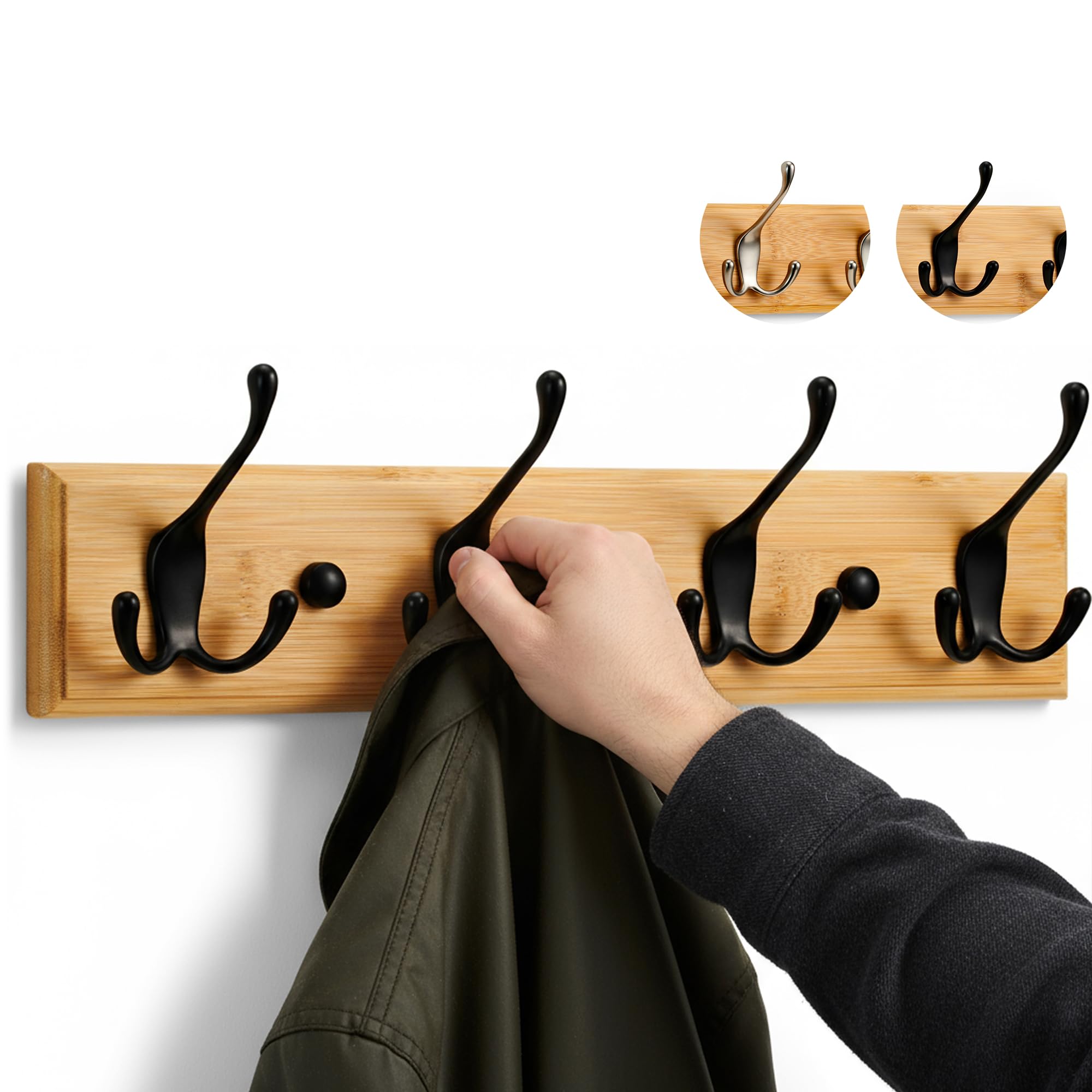 LARHN Wooden Coat Hooks - Wall Mounted Coat Rack - 4 Triple Black Coat Hooks for Wall on Bamboo - 42 cm - All Fixings Included for Quick & Easy Installation