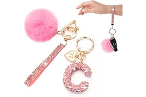 HONYJOOM Initial Letter Keychain for Women Girl Bling Rhinestone Sparkly Bag Backpack Purse Charm Cute Pom Pom Key Chain Wristlet