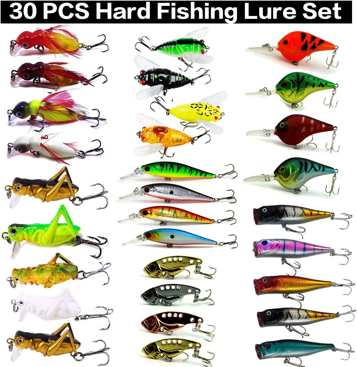 XBLACK Hard Fishing Lure Set Assorted Bass Soft Fishing Lure Kit Colorful Minnow Popper Crank Rattlin VIB Jointed Fishing Lure Set Hard Crankbait Tackle Pack Saltwater Freshwater