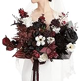 Ling's moment Black and Burgundy Wedding Bouquets for Bride, Gothic Bridal Bouquets for Bride, 15 Inch Free Form Artificial Wedding Flower Bouquet