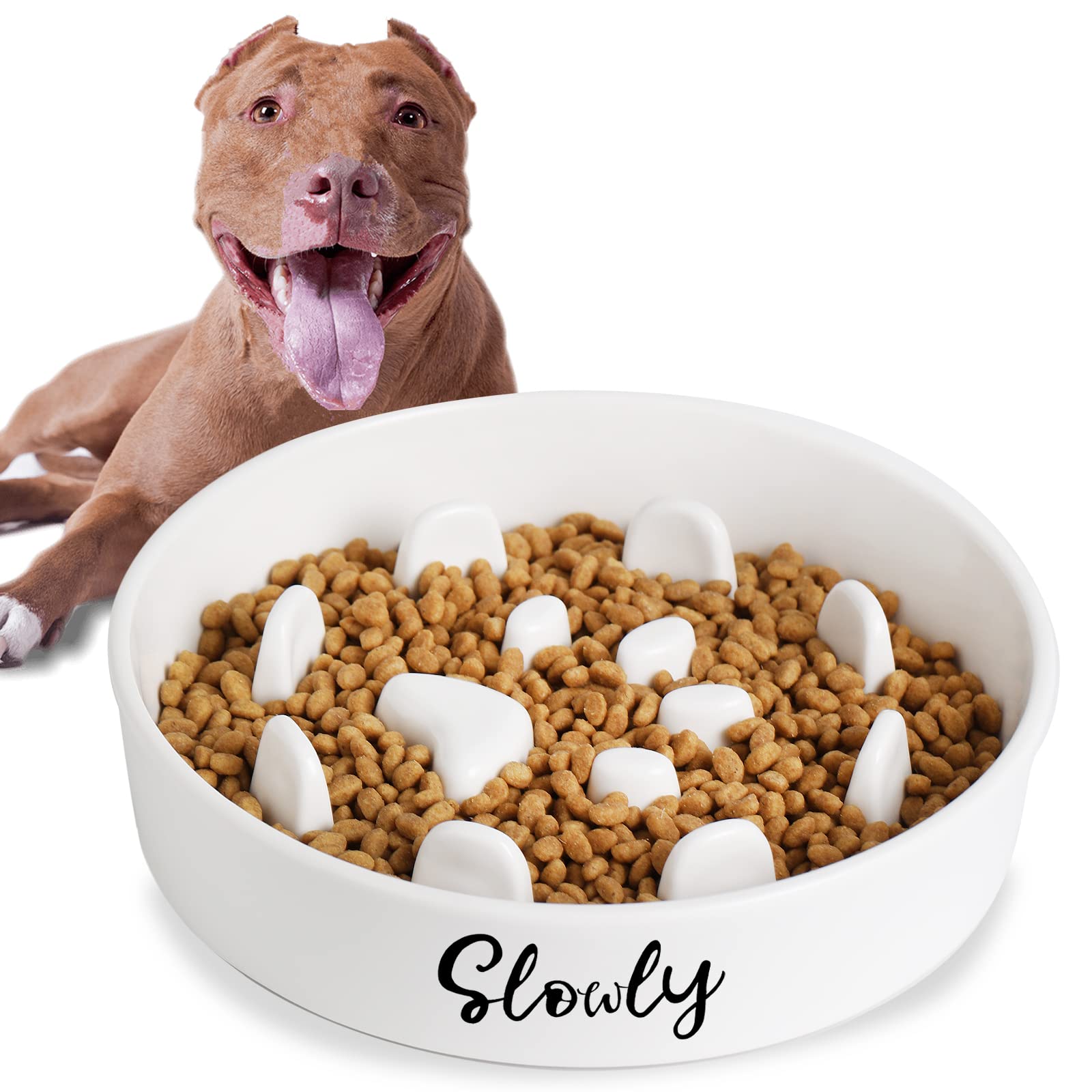 Photo 1 of Slow Feeder Dog Bowls, Farmhouse Ceramic Fun Slow Eater Bowl for Medium Sized Dog, White