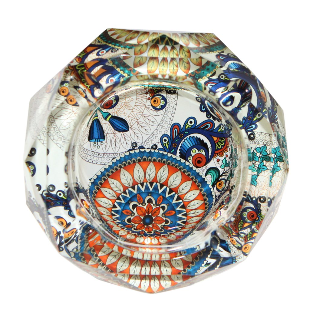 Winterworm 10CM Octagon Crystal Ashtray Business Ash Trays Non-Slip Mat Cigarette Ash Holder Gift for Dad Business Gift (Mandala)