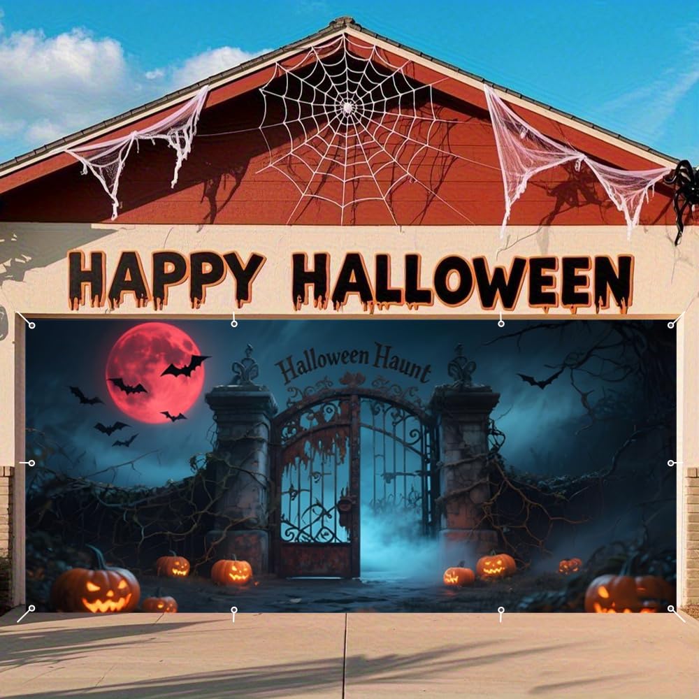 Photo 1 of 7x16ft Scary Halloween Garage Door Cover for Double Car Full Blood Moon Bats Iron Gate Haunted House Halloween Garage Door Banner Backdrop for Photography for Outdoor Party Decorations