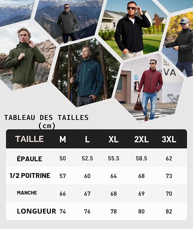 Veste Softshell Hommes Imperméable Coupe-vent Veste Hiver Manteau Doublée Polaire à Capuche Outdoor Blouson Mi Saison pour Randonnée Camping Travail Pêche Noir XL — photo 6 sur 6