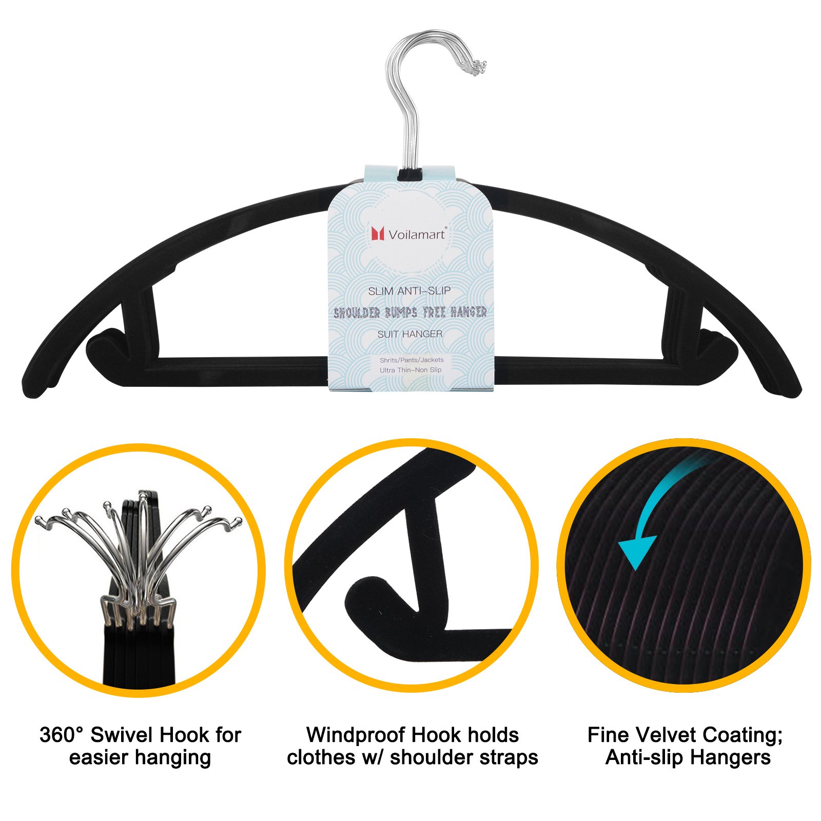 Voilamart Velvet Hangers Pack of 50 No Shoulder Bumps Suit Hangers with Chrome Hooks, Non Slip Space Saving Clothes Hangers Heavy Duty Rounded Hangers for Sweaters, Coat, Pants, Shirts, Dresses