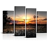 LevvArts Farm Landscape Pictures Wall Art Decor Rustic Farmhouse Windmill at Sunset Scenery Photograph Painting Giclee Print on Canvas Set of 4 Gallery Wrap Ready to Hang