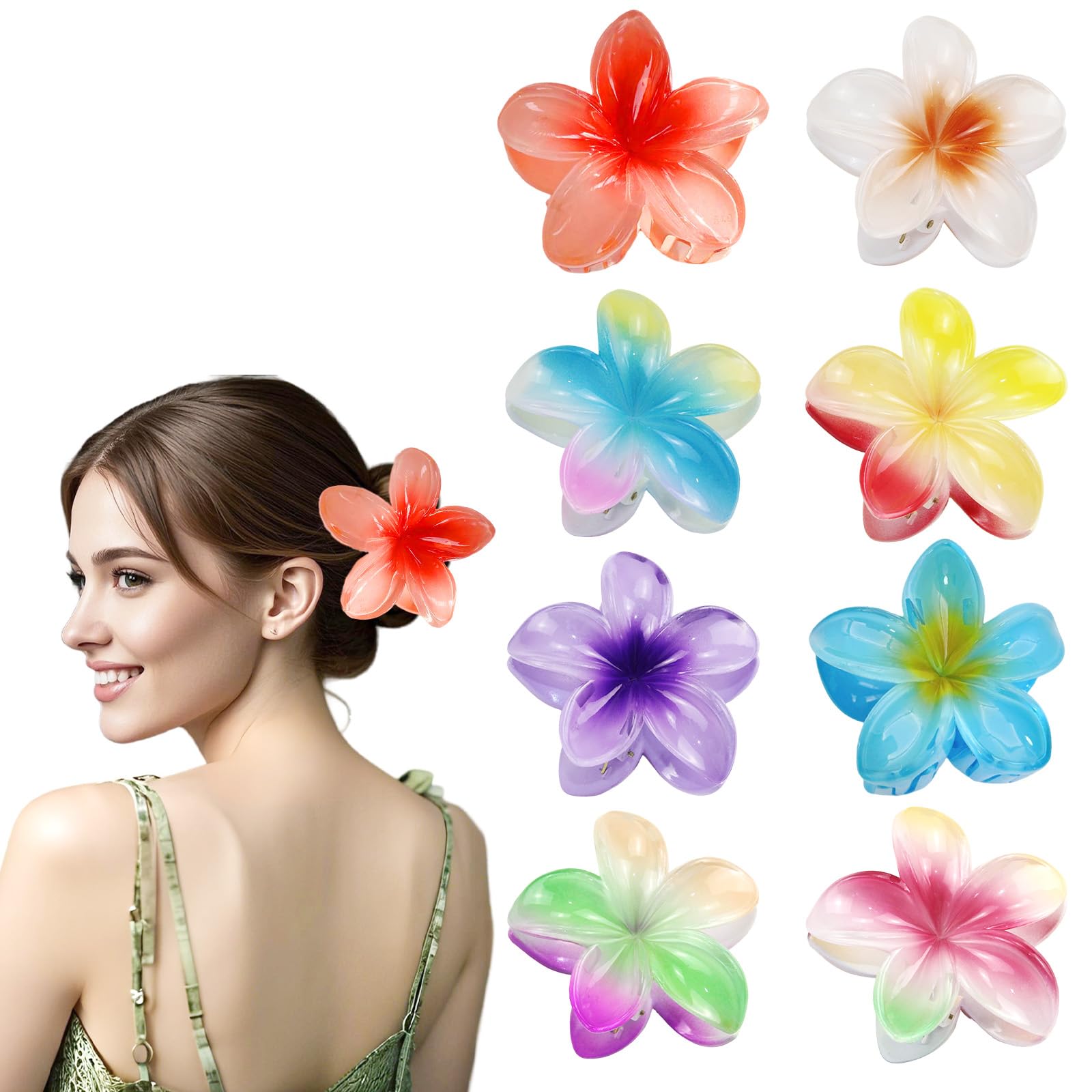 SJUNJIE 8 Pieces Flower Claw Clips Anti-Slip Design Flower Clips Elegant Hawaiian Style Flower Hair Claw Medium Size 8 Colors Suitable for Women With Various Thickness of Hair