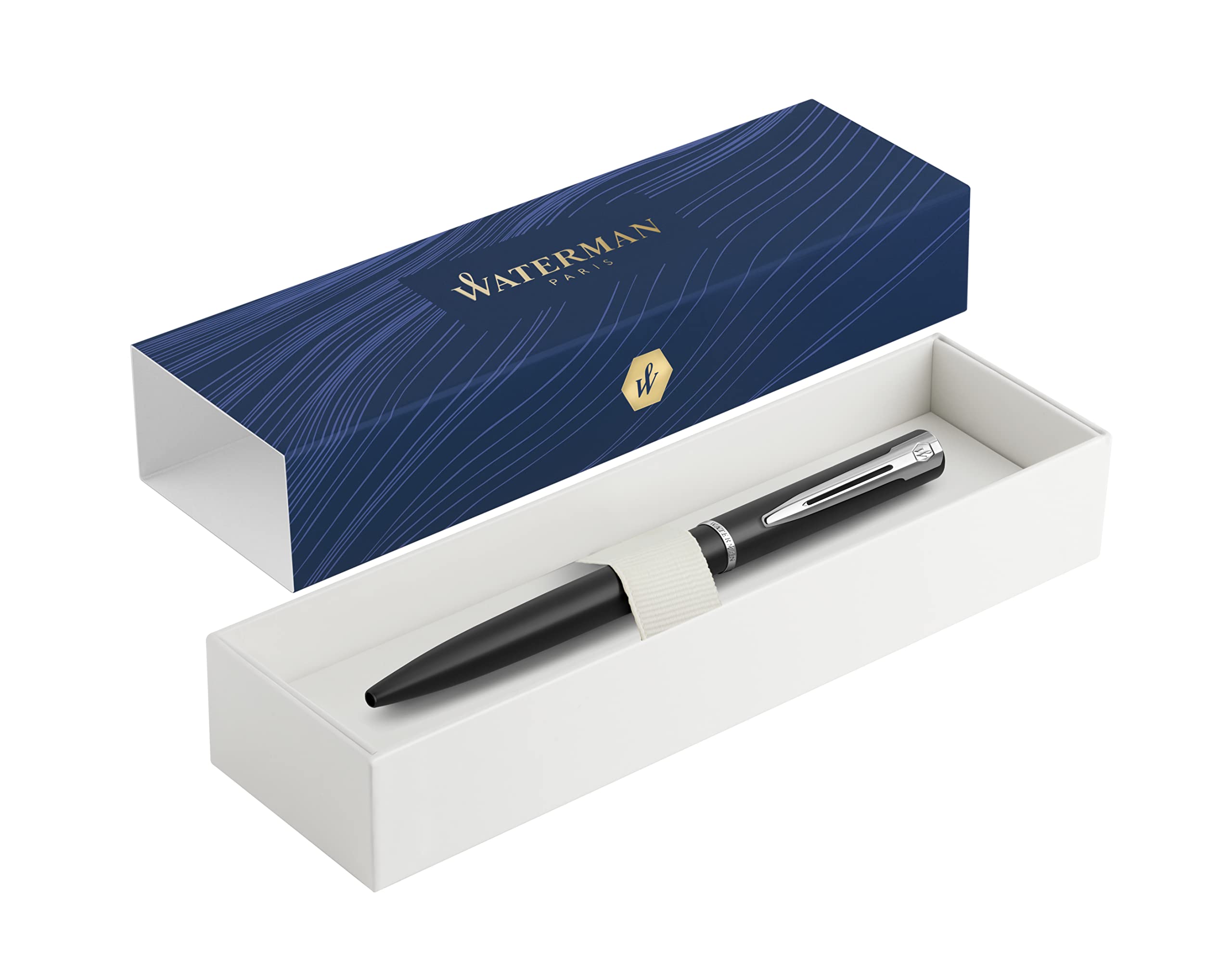 Waterman-Allure: Matt Black Lacquered Ballpoint Pen with Chrome Details and Push Mechanism - in Gift Box