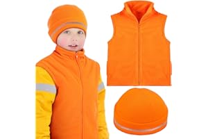 Haull 2 Pcs Kids Hunting Orange Fleece Vest and Hat Set Orange High Visibility Reflective Hunting Safety Vests