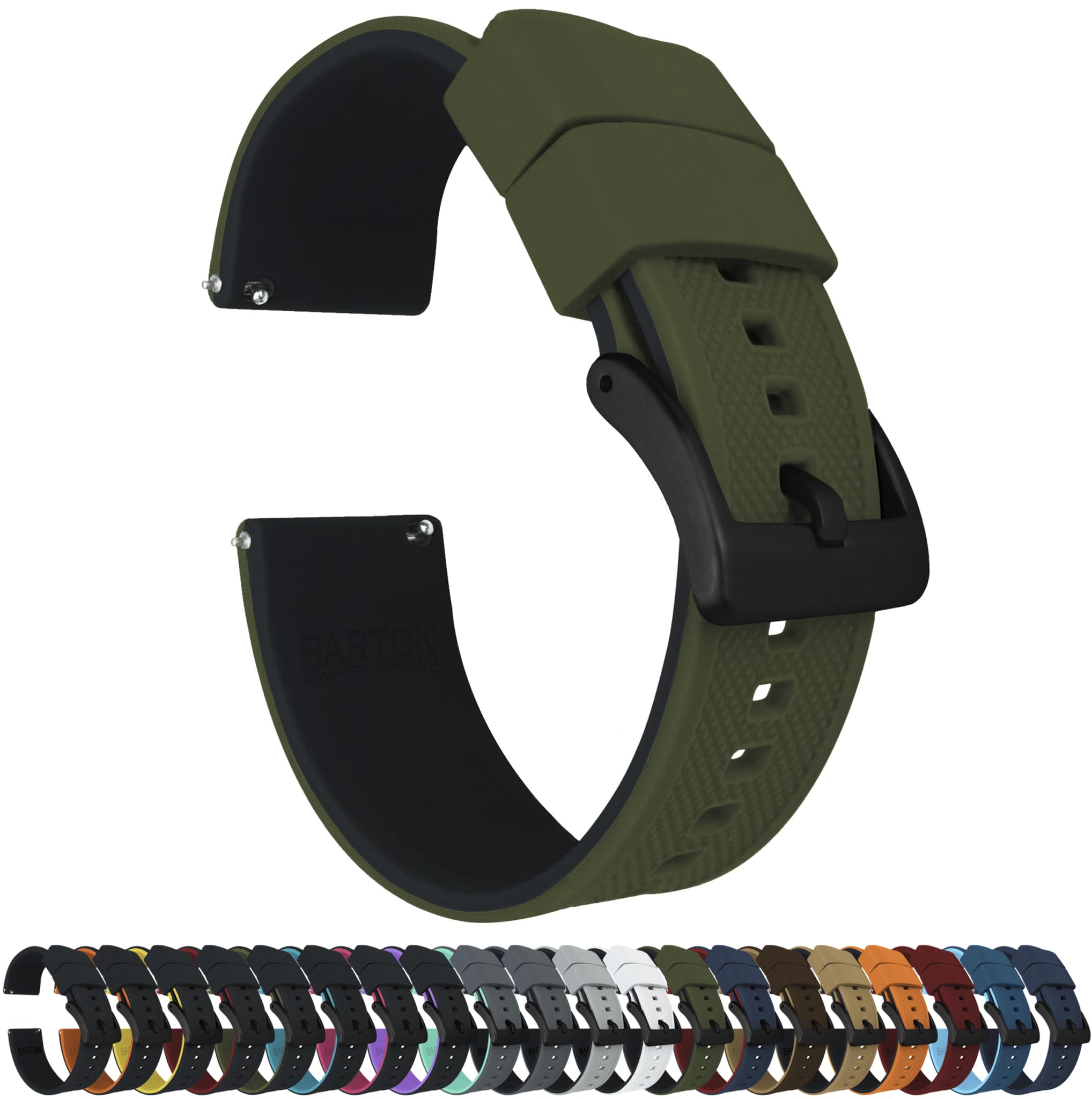 22mm Army Green/Black - BARTON Elite Silicone Watch Bands - Quick Release - Choose Strap Color & Width