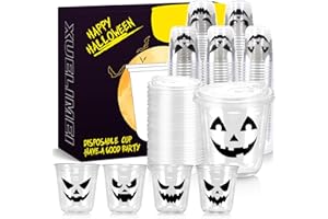 Xuelimei 12oz Halloween Disposable Plastic Cups With Strawless Sip Lids-Pumpkin Disposable Happy Halloween Clear Cups with 5 Styles for Coffee, Beer, Drinks, Ice Cream, Snacks (100)