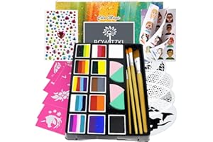 Bowitzki Face Paint Kit Professional Face Painting Set For Kids Adults 12 x 10gm Stencil One Stroke Split Cake Palette Non Toxic Rainbow Cakes Flora Unicorn Body Makeup Halloween Christmas Easter