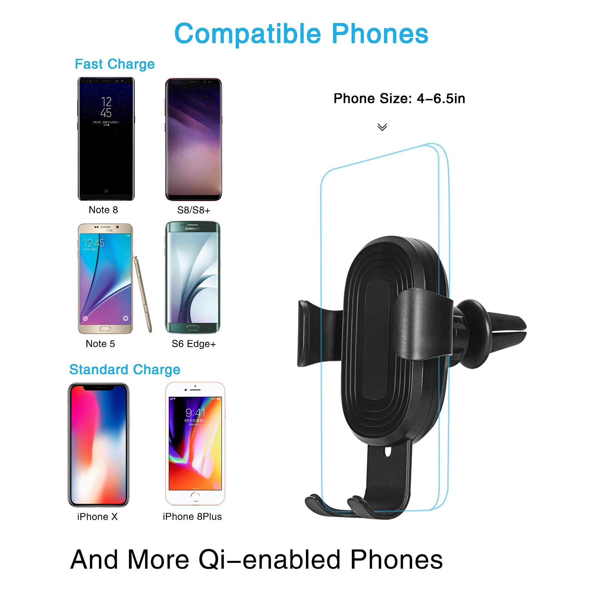 Qi Wireless Car Charger Mount,Wireless Charger Car Holder, Gravity Car Mount Air Vent Phone Holder, 10w Charge for Samsung Galaxy S9/S9+/S8/S8+/S7/S7 Edge/S6/S6 Edge/Note 8/Note 5, Standard Charge for iPhone X/8/8 Plus