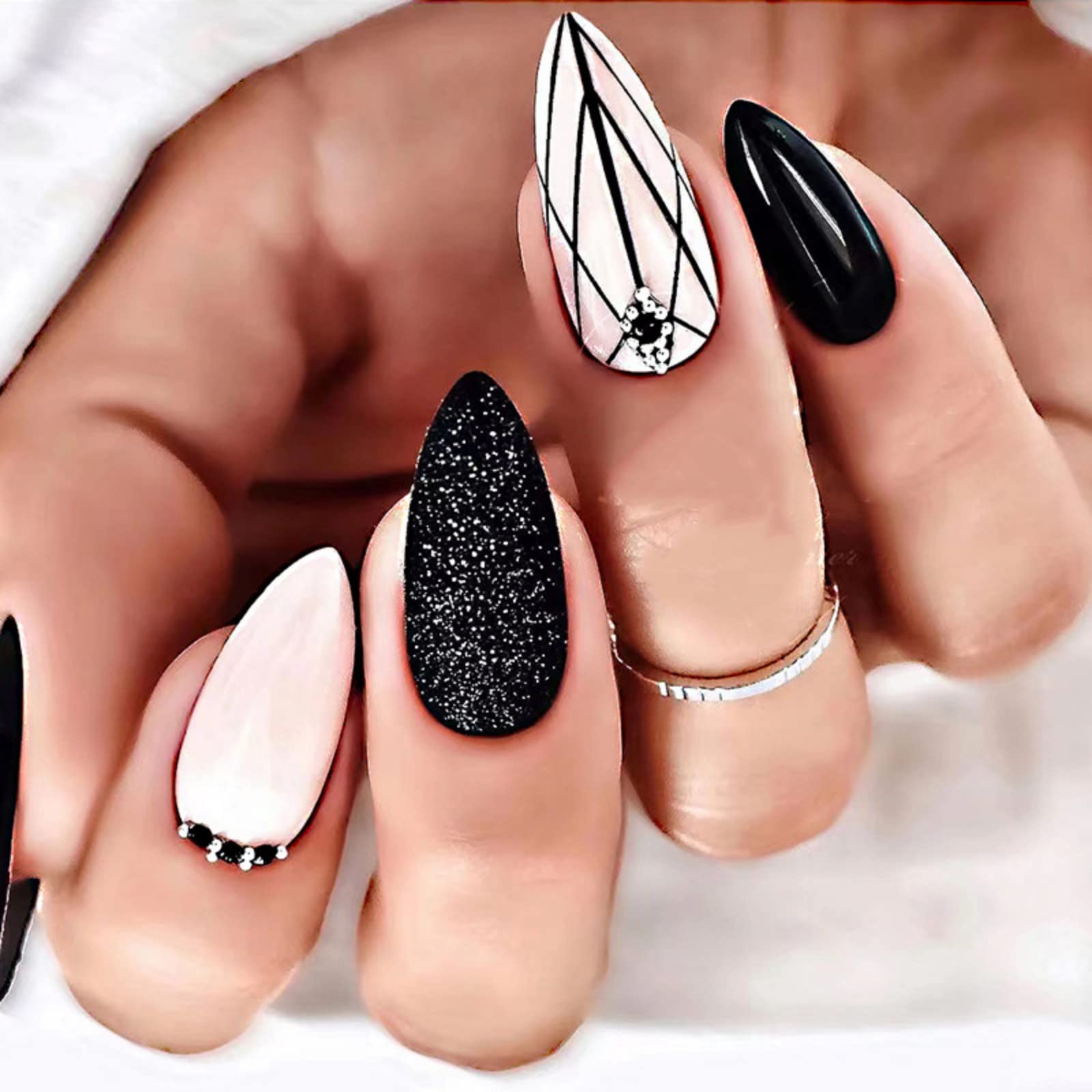 JUSTOTRY 24 Pcs Striped Almond Press on Nails Designs,White and Black French False Nails Short,Pretty Glitter Stick on Nails for Women,Medium Oval Fake Nail for Nail Art