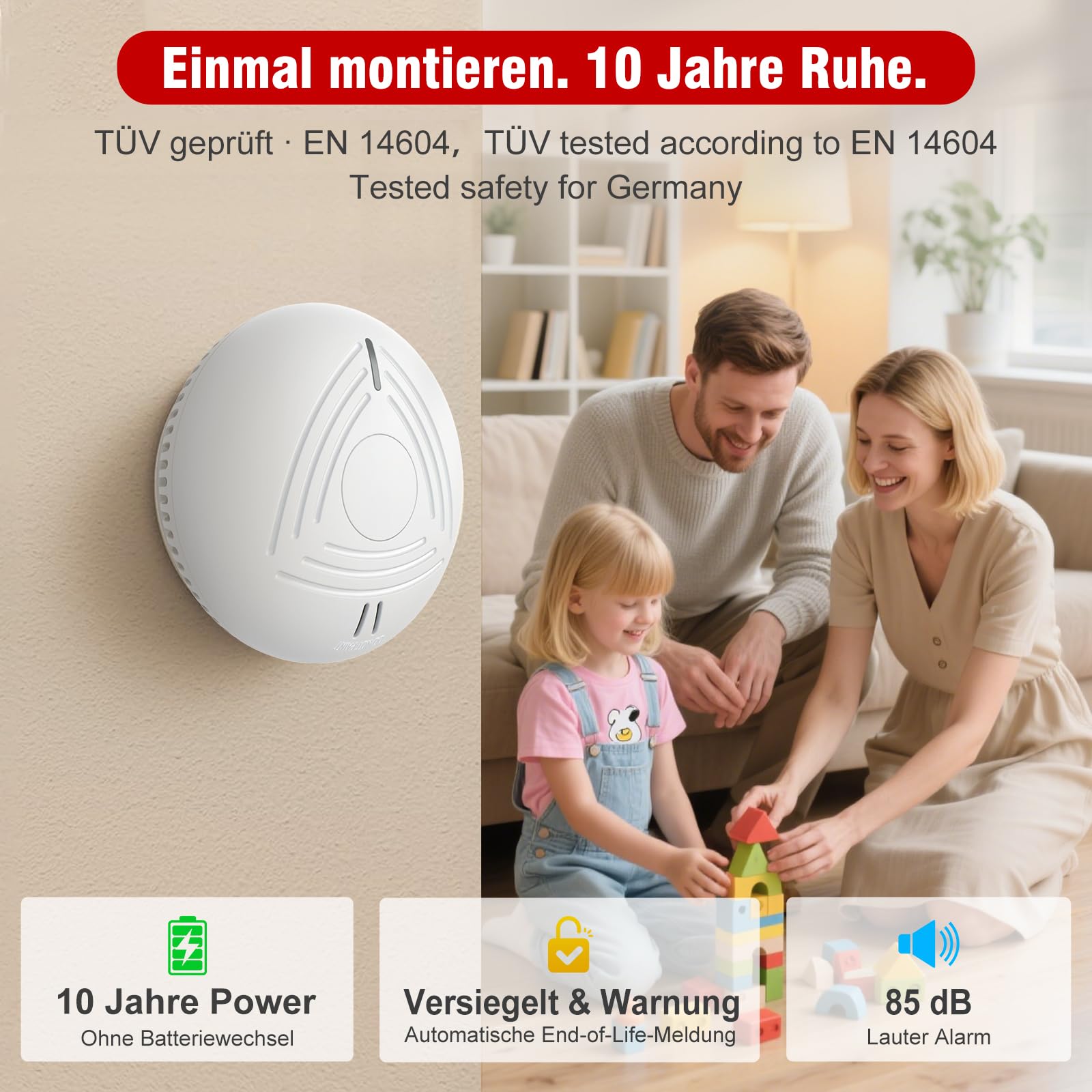 DAYTECH Rauchmelder 10 Jahre Batterie – 6er Rauchmelder mit Magnethalterung Set, TÜV Rheinland Zertifiziert, Feuermelder mit 85 dB & Test/Stummschaltung – Brandmelder für Schlafzimmer, Kinderzimmer 2