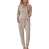 Ekouaer Womens Pajama Sets Long Sleeve Lounge Set 2 Piece Pj Sets for Women Henley Neck Casual Sleepwear Loungewear S-XXL