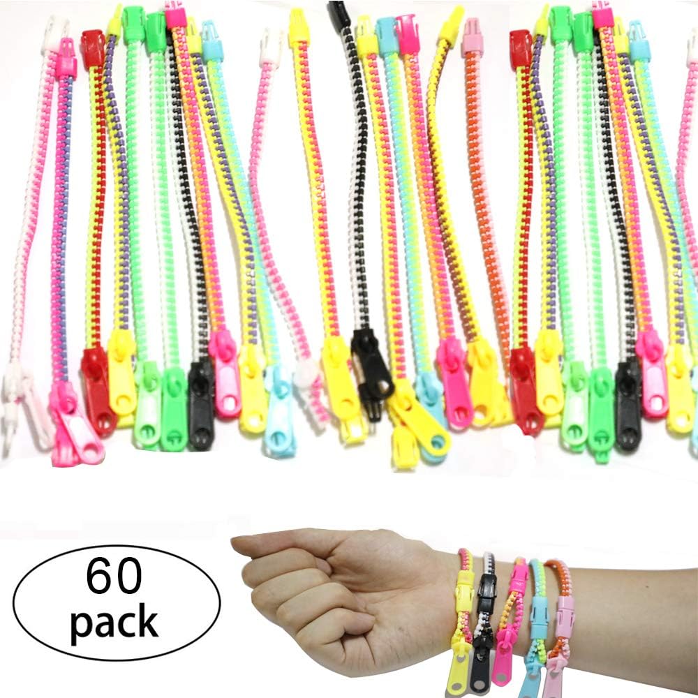 Xushop 60 Pieces Friendship Fidget Zipper Bracelet,Neon Colors Party Sensory Toys Bulk Set for kids,students,Goodie Bags, Pinata Filler, Small Prizes