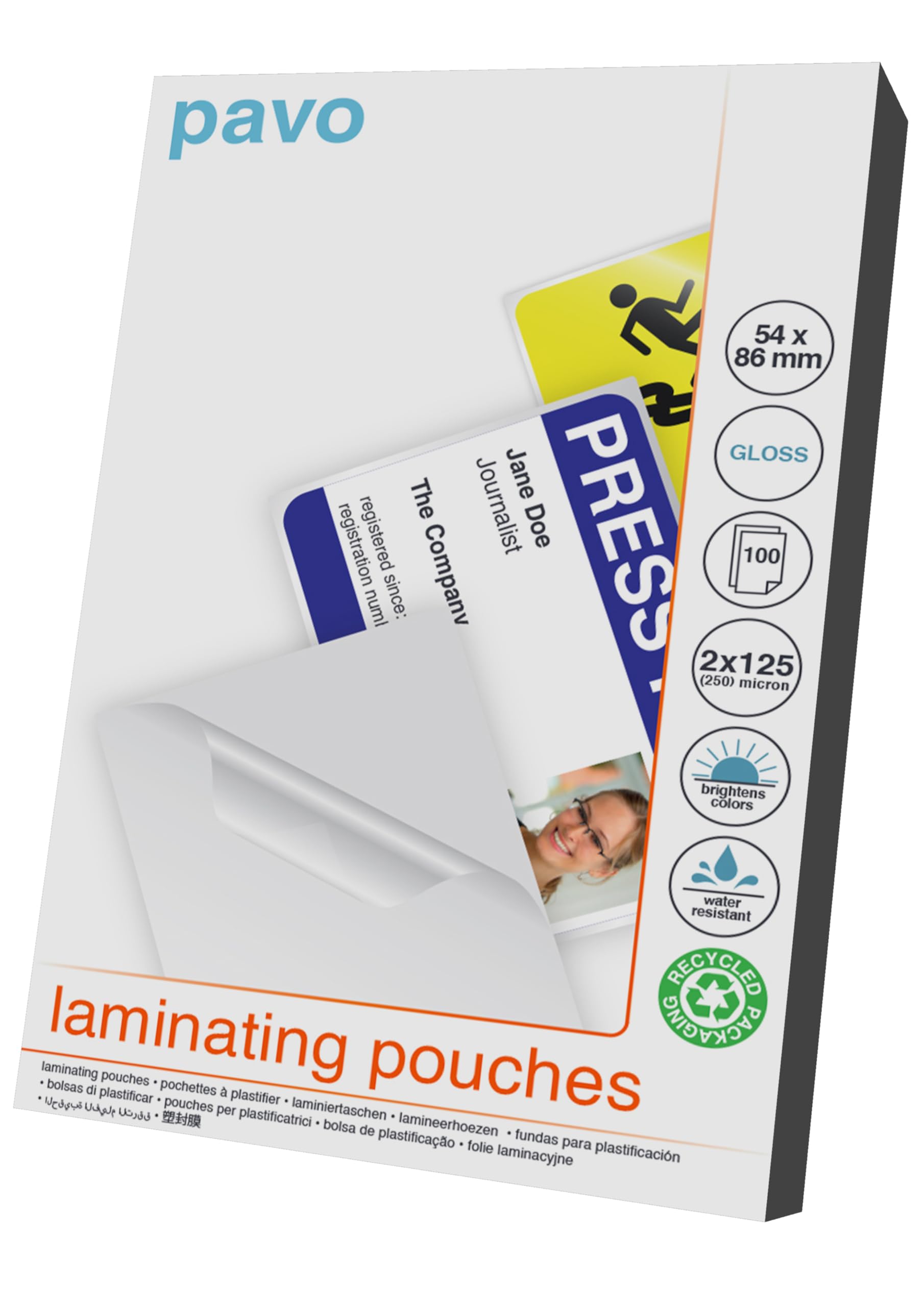 Pavo - Laminating Pouches Size 54 x 86mm 2x125 mic, Pack of 100 - Gloss